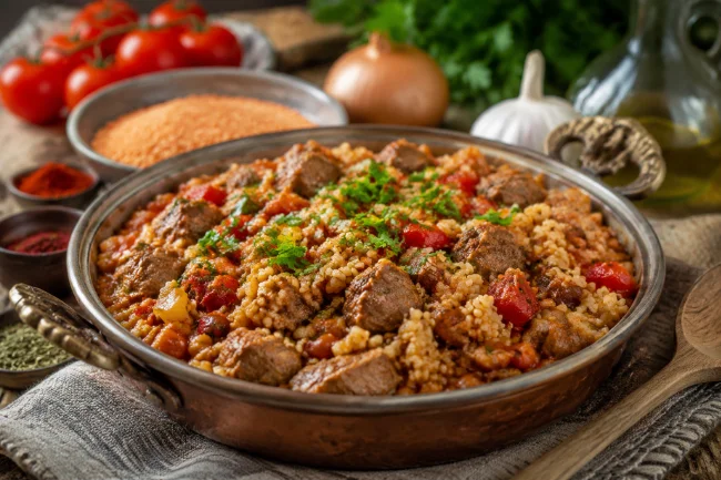 Cevurı Turkish dish with bulgur and meat stew