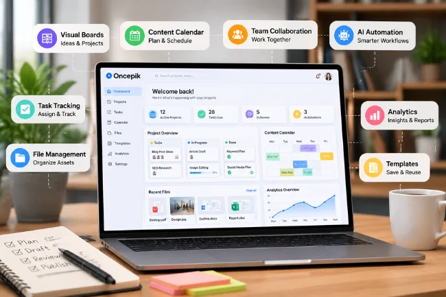 Oncepik visual workspace dashboard with project management tools