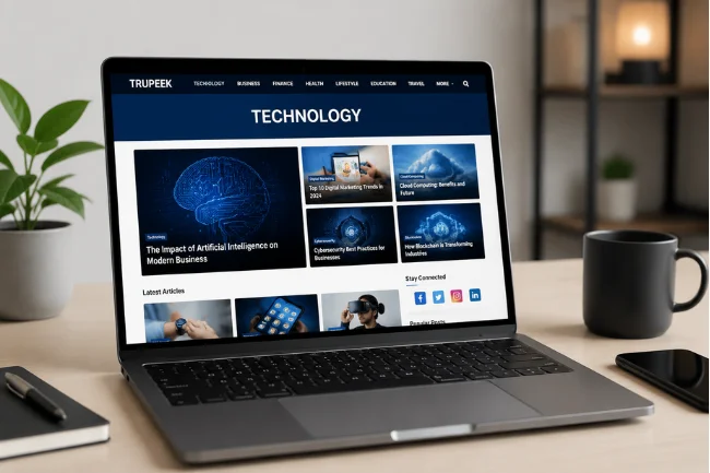 Trupeek.com technology content topics on laptop screen
