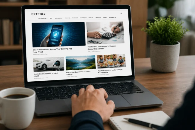 Extroly com content categories on laptop screen