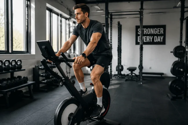 Warmup for Strength Training on stationary bike in gym