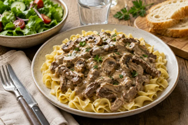 Beef Stroganoff with egg noodles and salad