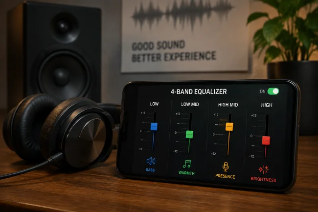 Quad Equalizer music listening setup with headphones and audio controls