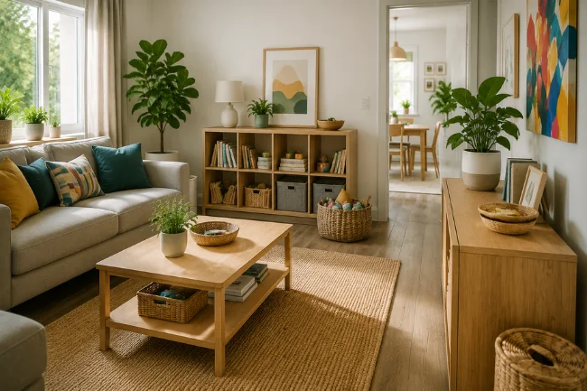 Simpciry inspired organized home interior with practical storage