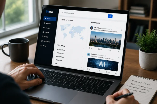 Laptop dashboard showing social media trends and research notes