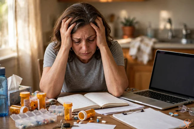 Stages of Caregiver Burnout - overwhelmed caregiver managing medications
