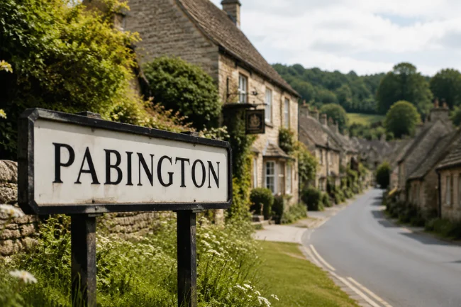 Pabington village sign and countryside landscape