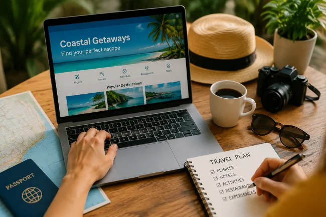 Primacoast.com vacation planning on laptop with travel map
