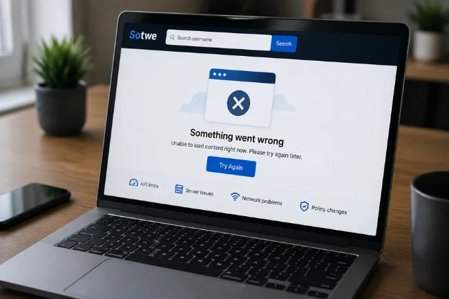 Laptop showing website error message and API issues