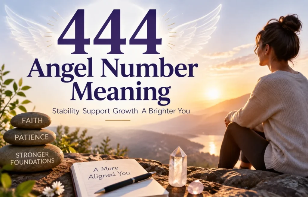 444 Angel Number Meaning with spiritual reflection scene