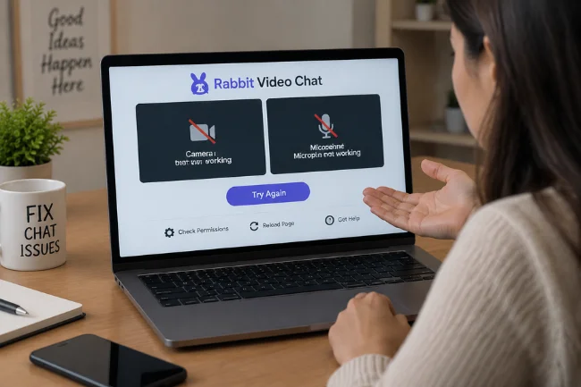 Rabbit Video Chat camera and microphone troubleshooting screen