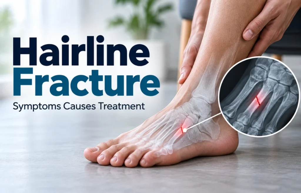 Hairline fracture in foot X-ray