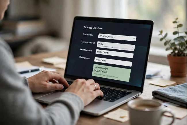 Person using Nemin.io business calculator on laptop