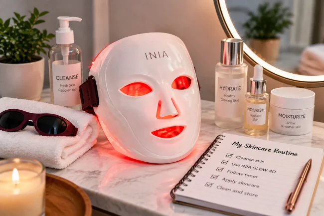 INIA GLOW 4D Review skincare routine LED mask