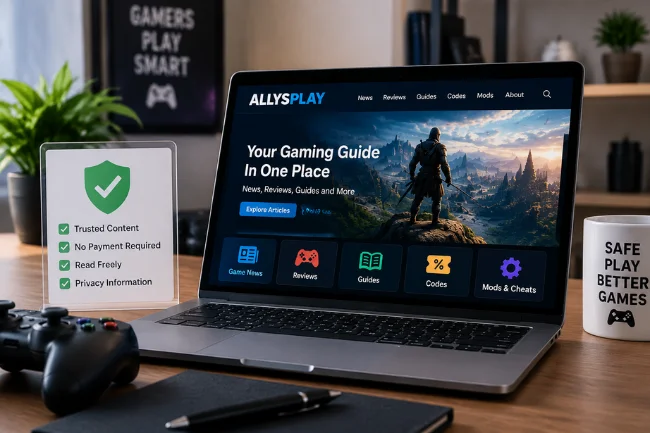 Allysplay.com safe gaming website review on laptop screen