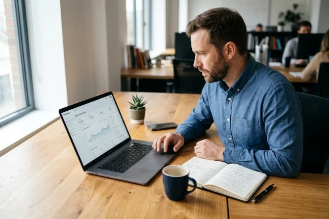 Professional checking Nemin.io data on laptop