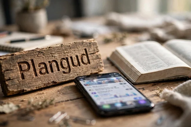 Plangud timber block beside dictionary and phone