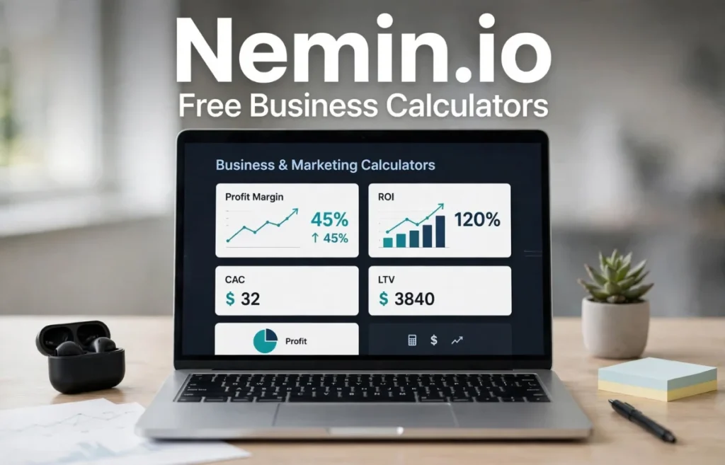 Laptop displaying Nemin.io free business calculators