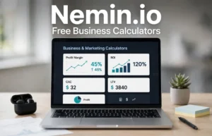 Laptop displaying Nemin.io free business calculators