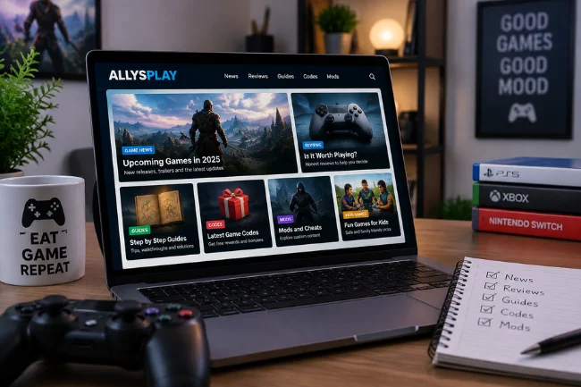 Allysplay.com gaming content categories on laptop screen