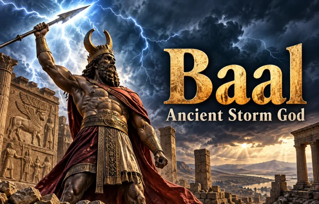 Baal ancient storm god holding a lightning spear