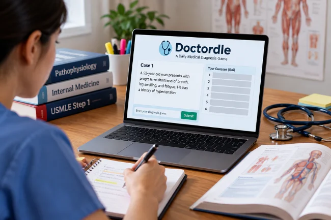 Medical student learning with Doctordle on laptop