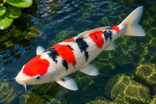 Sanke koi swimming in a clear garden pond