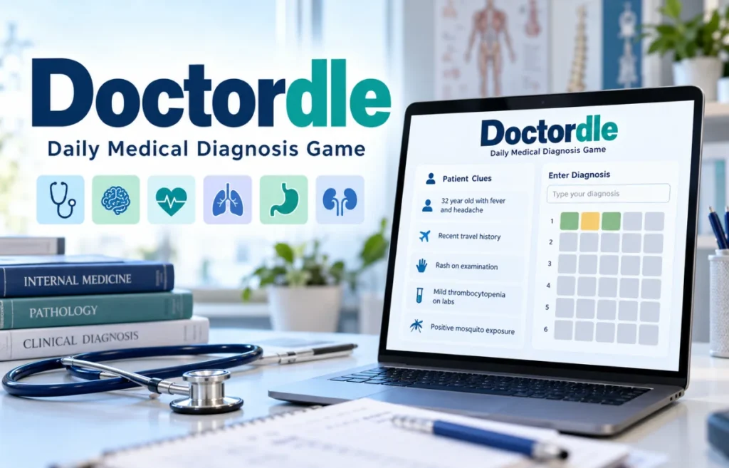 Doctordle daily medical diagnosis game on laptop