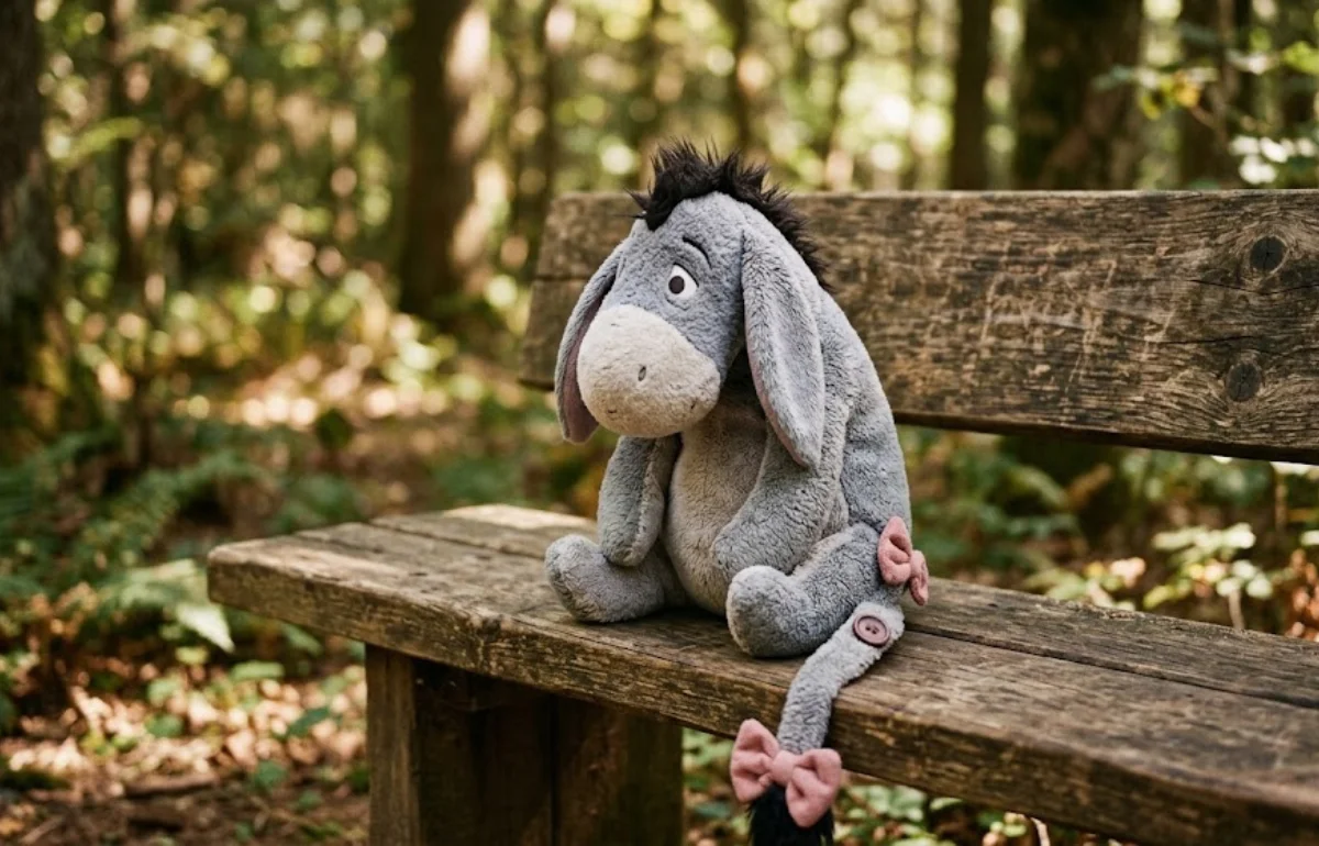 Γκαρής (Eeyore) stuffed donkey on a bench