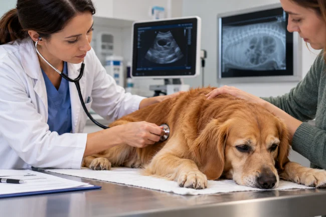 Veterinarian Examining Dog Spewing Yellow Bile