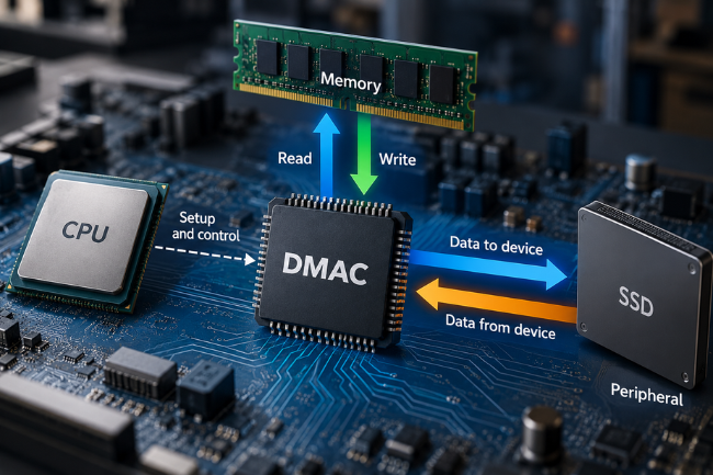 DMAC data transfer between CPU, memory and peripheral