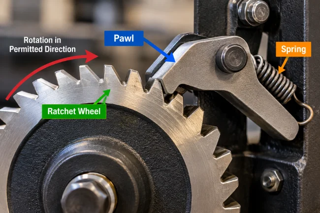 Pawl and ratchet wheel showing permitted rotation
