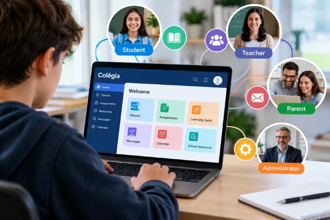 Colēgia dashboard connecting students, teachers, and parents