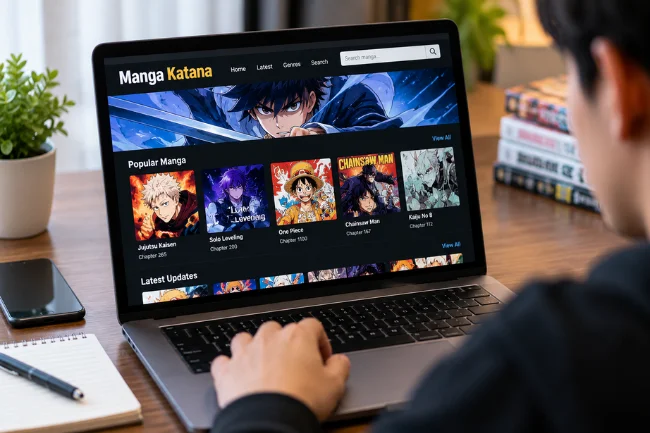 Manga Katana website on laptop showing manga chapters