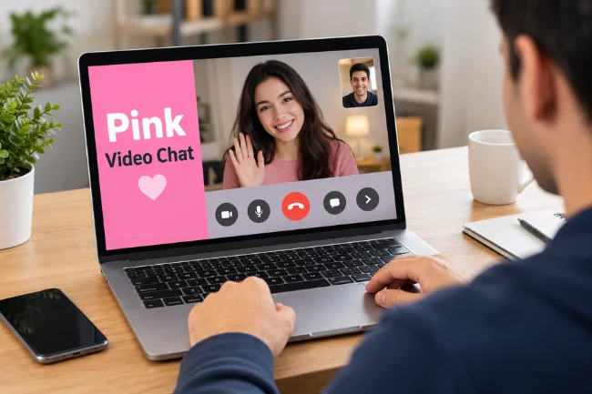 Pink Video Chat video call on laptop