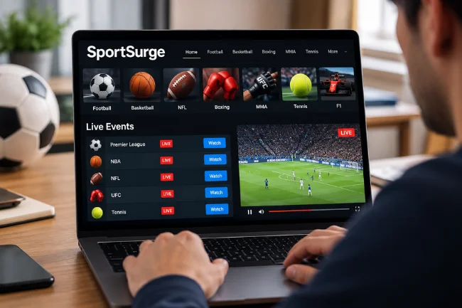 SportSurge live sports streaming interface on laptop