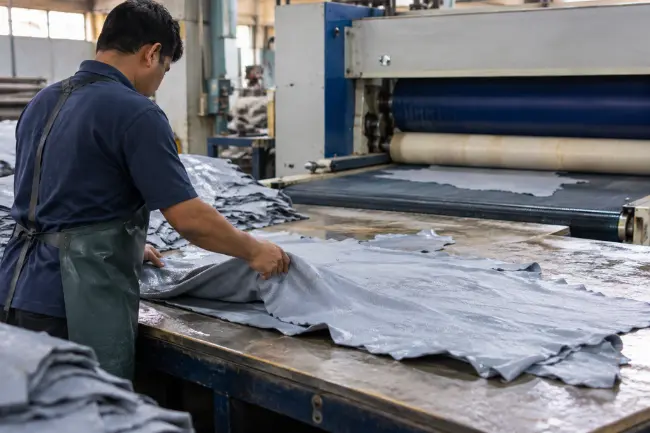 Worker preparing wet leather for Sammying