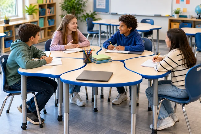 Students using AmTab FISHDESK2433 Fish Collaborative Learning Desk With Adjustable Height