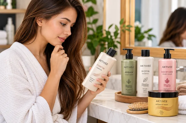 Woman choosing the right Aktivee hair care products