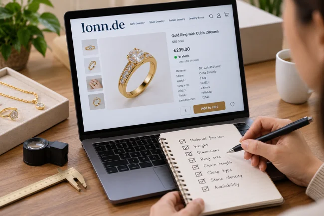 Ionn.de jewelry product listing with specifications checklist