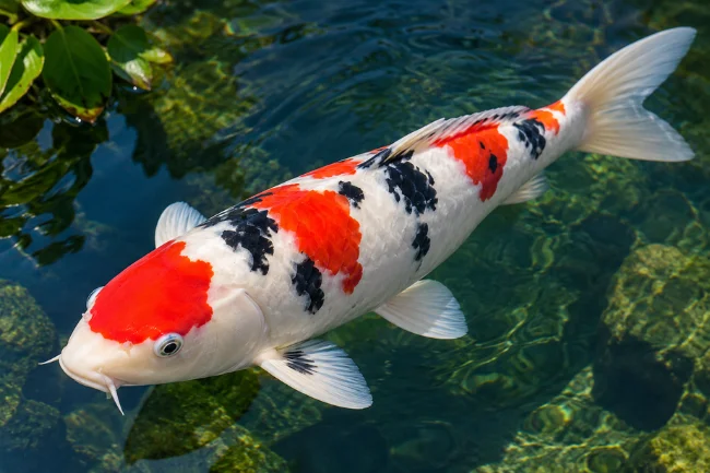 Sanke koi with white base and red and black markings