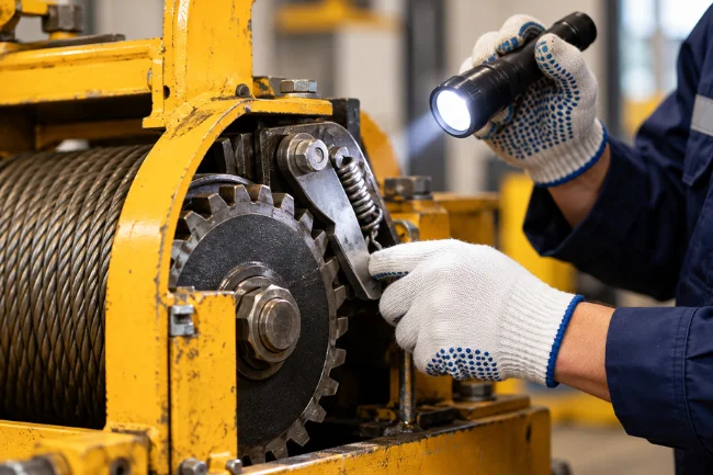 Pawl inspection and maintenance on industrial winch