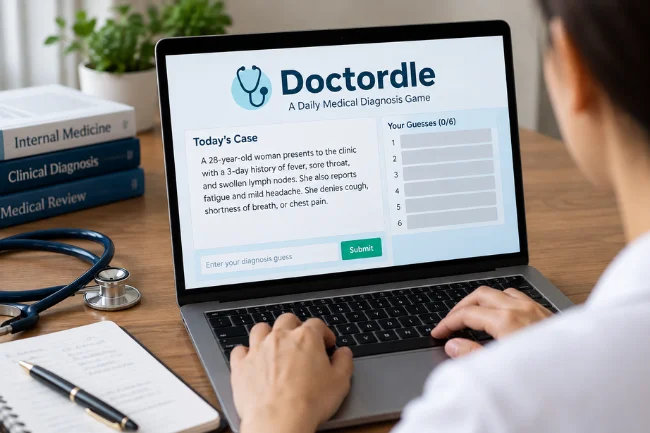 Doctordle medical diagnosis puzzle on laptop