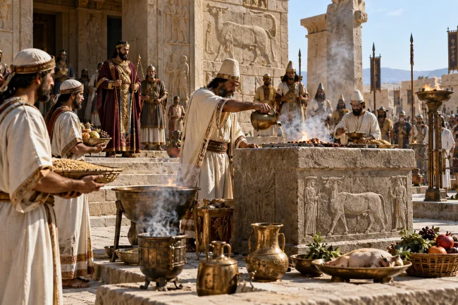 Ancient Baal worship ceremony with priests and offerings