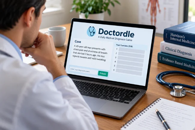 Doctor reviewing Doctordle medical diagnosis game on laptop