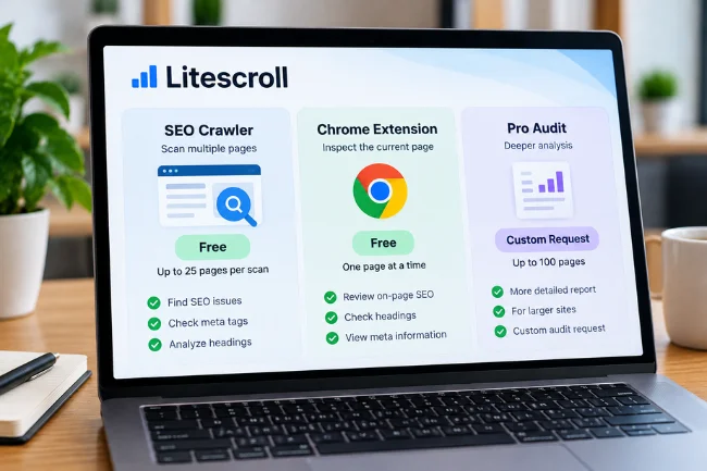 Litescroll.com free SEO tools and Pro audit comparison