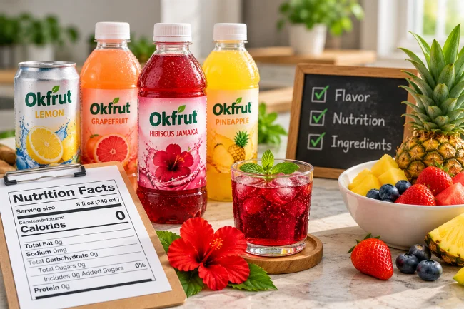 Okfrut drinks with nutrition facts and fresh fruits
