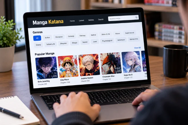 Manga Katana genre filters and manga categories on laptop