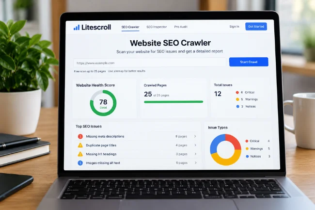 Litescroll.com SEO crawler audit dashboard