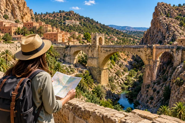 Traveler exploring Al-Kântara historic bridge